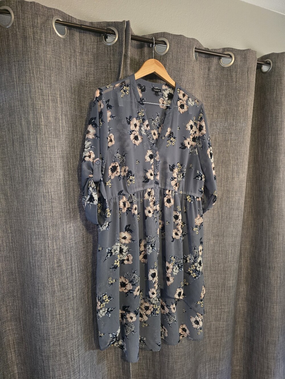 Torrid Blue Floral Print Sheer Babydoll Long Button Up Tunic